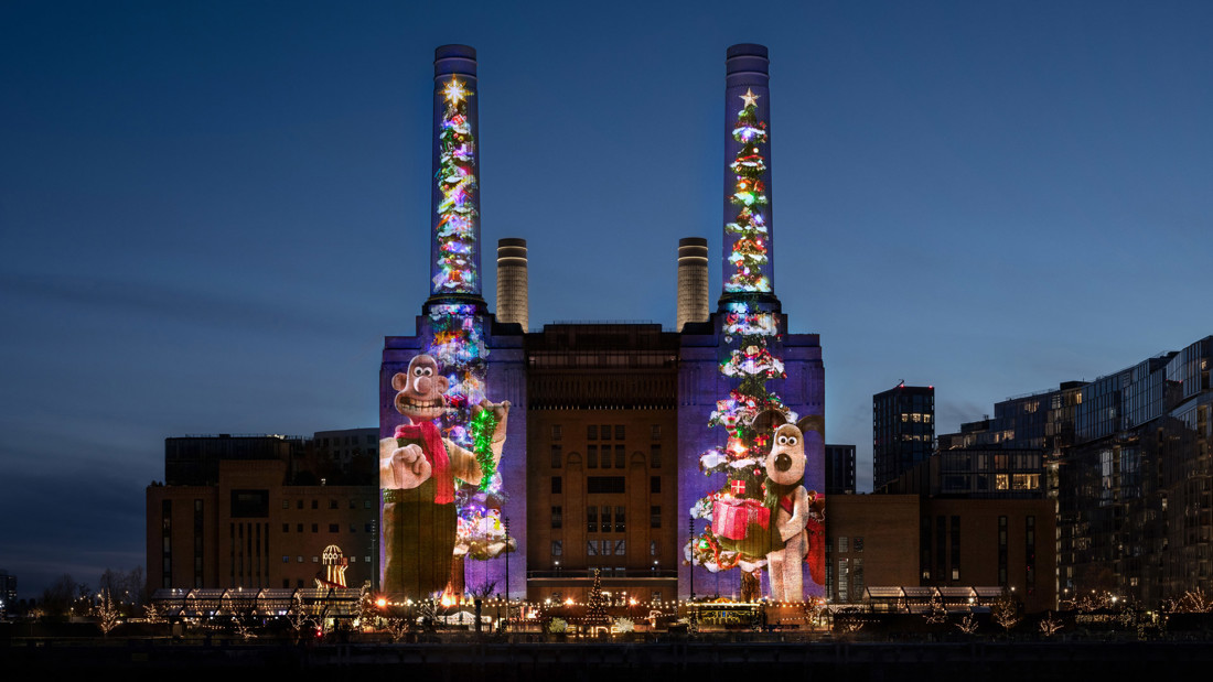 Wallace & Gromit projected 101-metres tall onto the Battersea Power Station towers