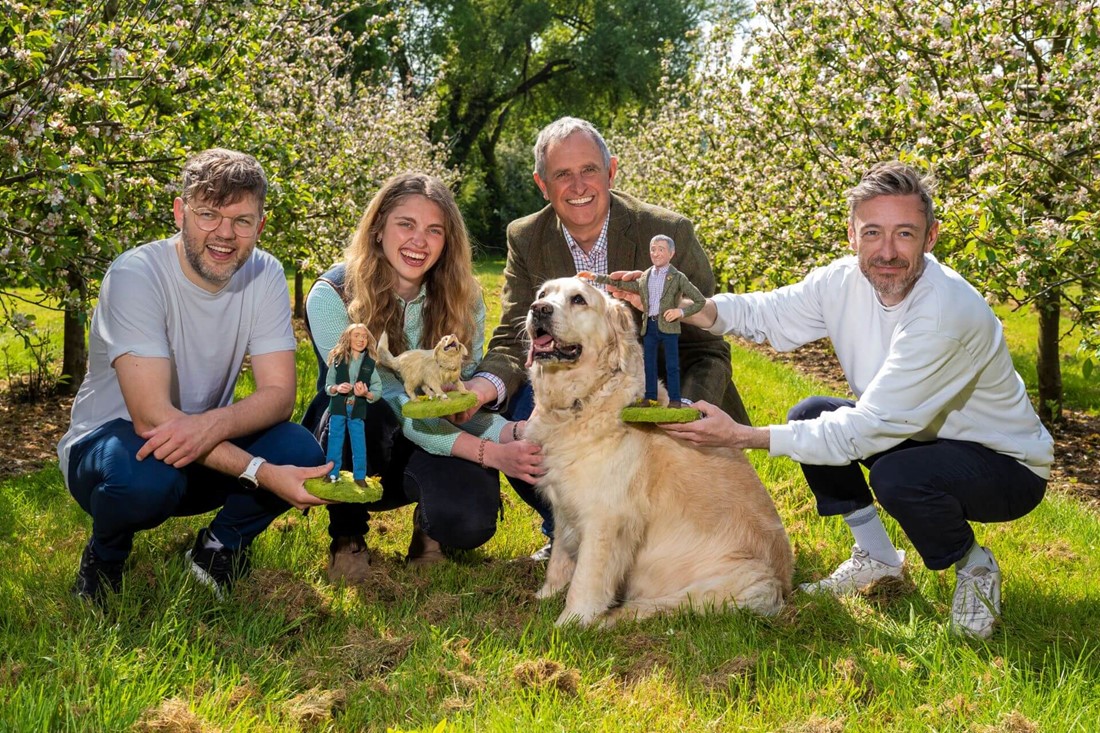 Group photo of Danny Gallager, Eleanor Thatcher, Martin Thatcher, Myrtle the dog and Will Studd