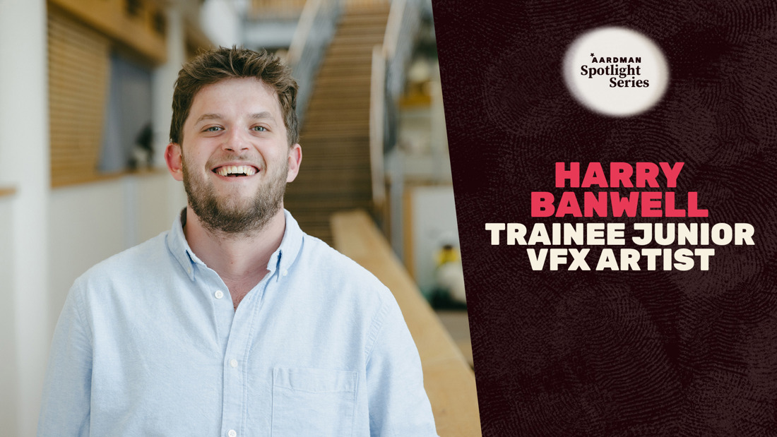 Aardman Spotlight Series graphic featuring headshot of Harry Banwell, Trainee Junior VFX Artist